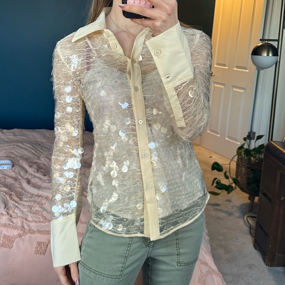 Zara Beige Shimmer Button Down Shirt cream sheer